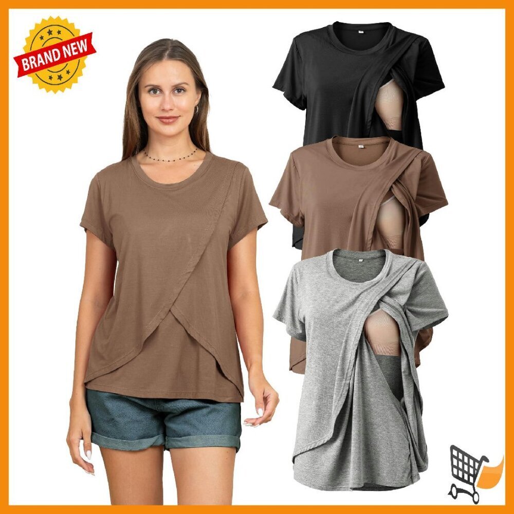 3 Pack Nursing Tops Summer Short Sleeve Double Layer Breastfeeding Tees